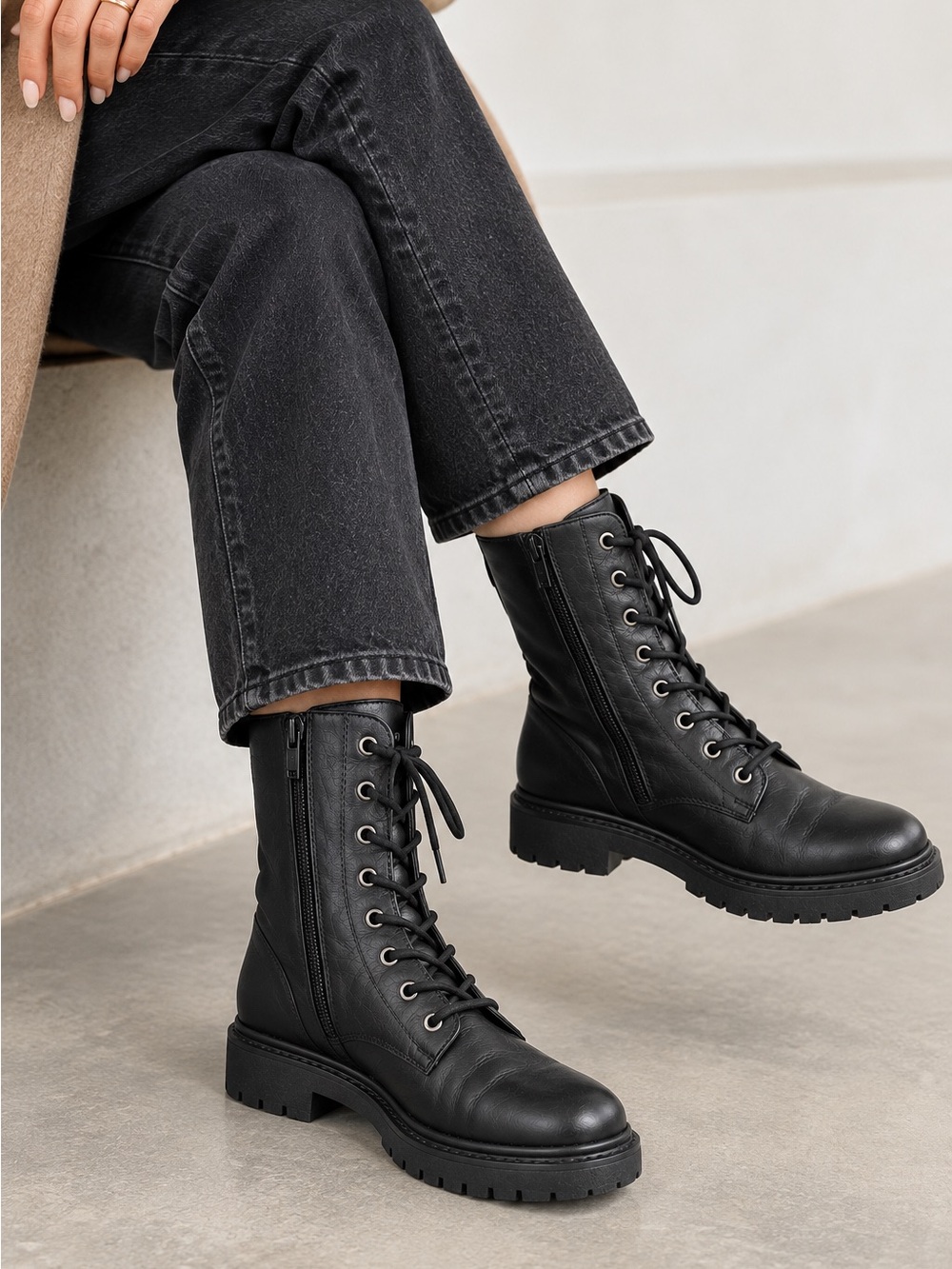 GEOX Respira black leather lace-up combat boots size 38